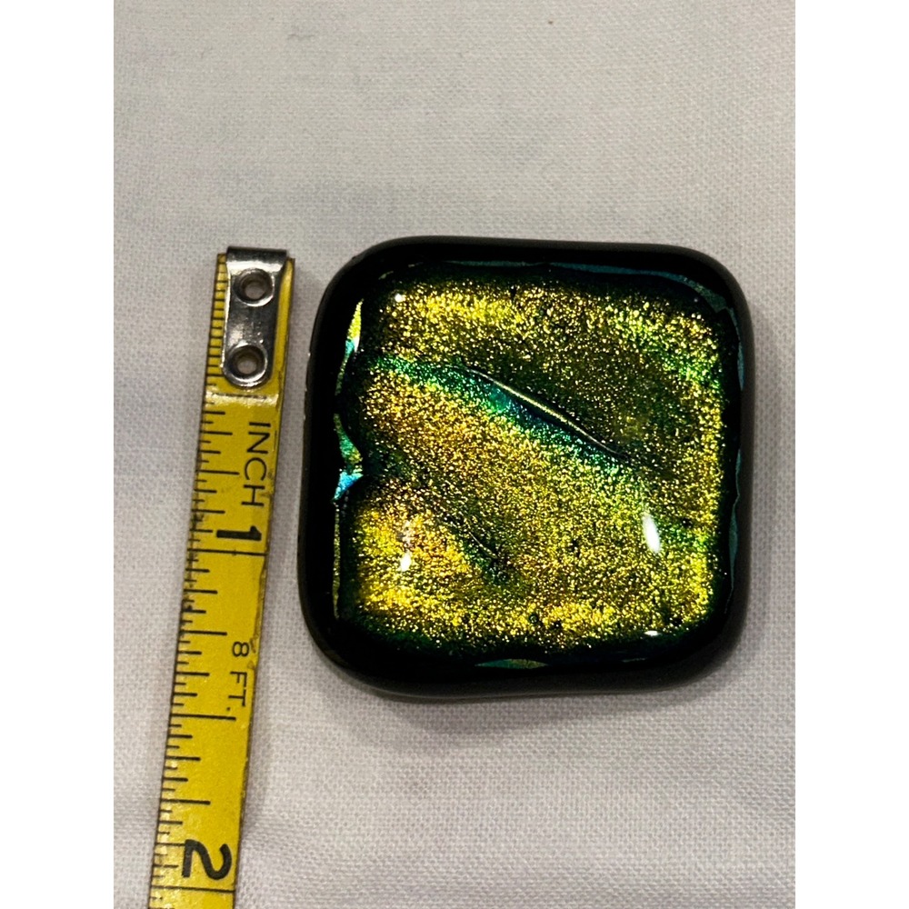 Dichroic Fused Glass Brooch Square Gold Green Teal Shimmer Artisan Pin 1.5" - Picture 4 of 5